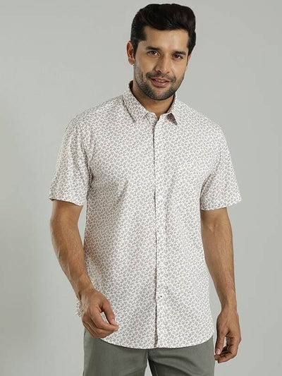 Indian Terrain Men's Regular Fit Half Sleeve Floral Print Off White Shirt